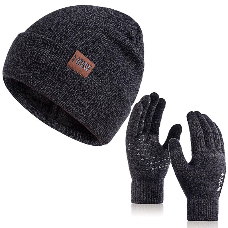 Nertpow Winter 1-3 PCS Beanie Hat Gloves Scarf for Men and Women, Knit Thick Fleece Lined Warm Touchscreen Gloves Beanie Infitiny Scarf Set (Gloves&Beanie Black Dark Gray) - Image 1